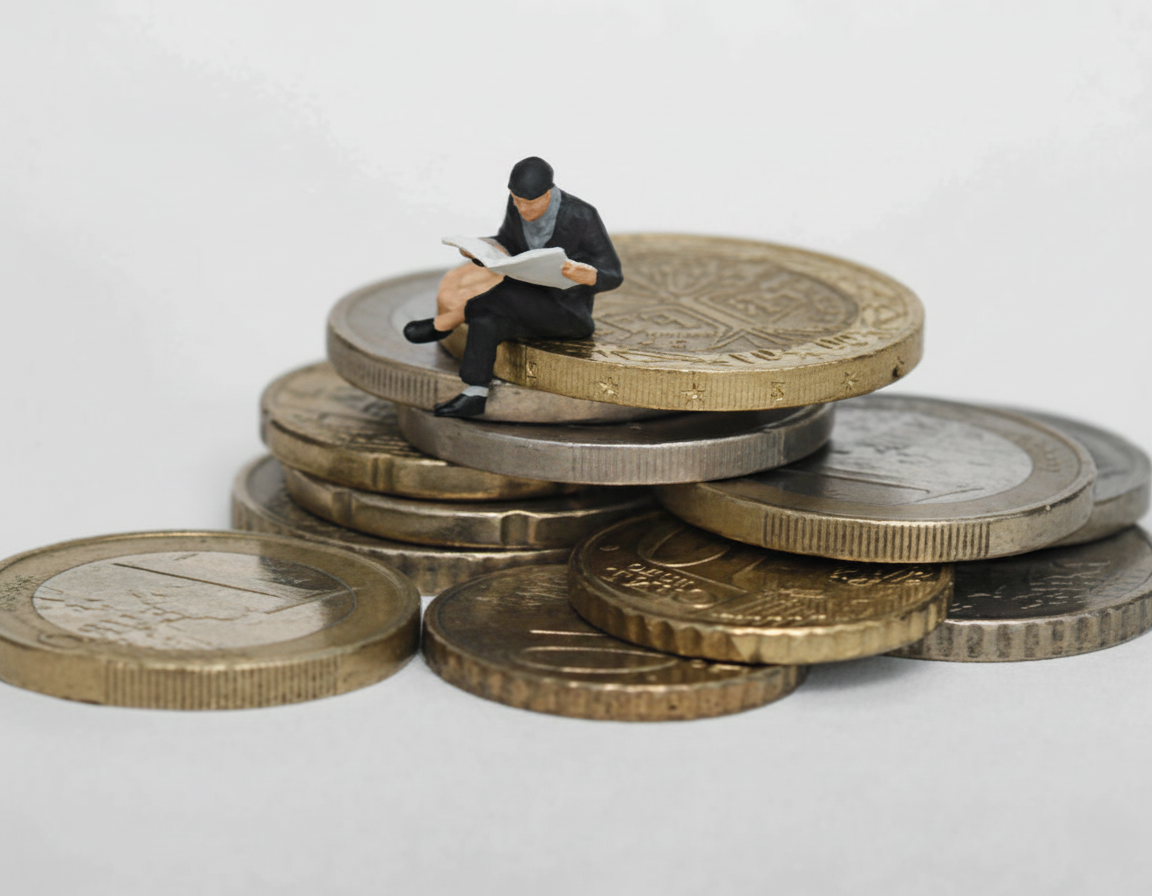 Miniature man sitting on coins